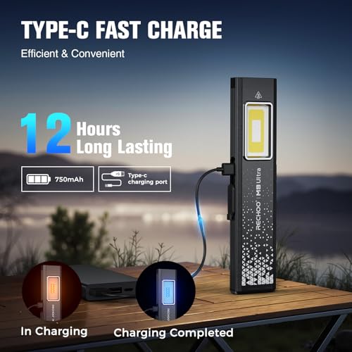 RECHOO Flat EDC Flashlight Rechargeable, 8-Mode Slim Pocket Flashlight with Magnetic Base & Clip, Lightweight Mini Rechargeable Flashlights for Home, Work, Camping, Car Repair & Emergencies - color: Black