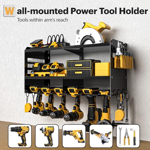 Spampur Power Tool Organizer Wall Mount with Charging Station - color: Black, size: 6 Slots