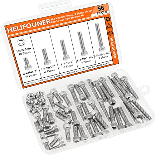 HELIFOUNER 56 Pieces 1/4-20 x 1/2" 3/4" 1" 1-1/4" 1-1/2", Hex Socket Head Cap Screws Bolts Nuts Kit, Coarse Thread, Fully Machine Threaded, 304 Stainless Steel - size: 1/4-20, style: Socket Head