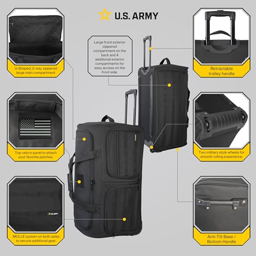 US Army ROMEO 31-inch Large Tactical Duffel Bag with Wheels | Heavy Duty Material, Molle Webbing, Water Resistant Military Rolling Bag for Travel, Deployment, and Camping - Black - color: Black, size: 31-inch