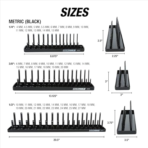OEMTOOLS 22238 6-Pc SAE & Metric Socket Tray Set for Sizes 1/4", 3/8”, 1/2" - color: Black and Yellow