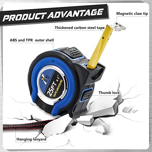 Youyole 24 Pack Tape Measure with Fractions 1/8 Steel Measuring Tape Retractable Easy Read Measurement Ruler Steel Power Blade (25 ft X 1 in,Blue) - color: Blue
