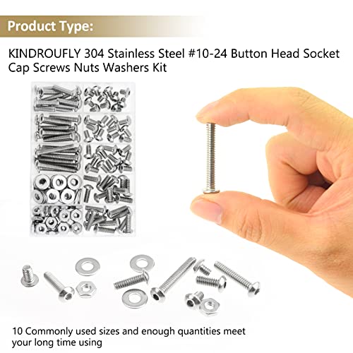152 Pieces #10-24 x 1/4", 5/16", 3/8", 1/2", 5/8", 3/4", 1", 1-1/4", Button Head Socket Cap Screws Nuts Washers Assortment Kit, 304 Stainless Steel, Fully Machine Thread - size: #10-24, style: Button Head