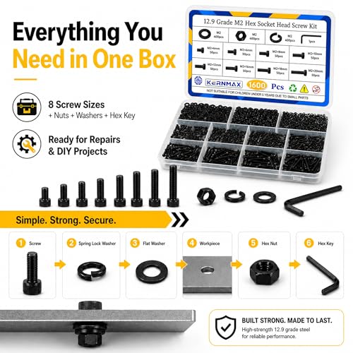 1600PCS M2 Screws Kit, M2x4/6/8/10/12/16/18/20mm Hex Socket Head Metric Tiny Screws, Nuts & Washers Kit, 12.9 Grade Black Oxide M2 Bolts for 3D Printer, DIY, Drone - size: M2 1600pcs