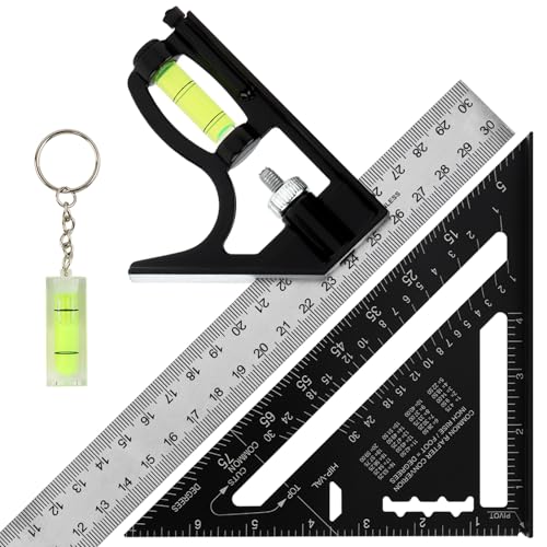 Combination Square Woodworking Ruler Tools, 7 Inch Aluminium-Alloy Carpenter Squares and Double-Sided Metric 30cm Right Angle Squares and Small Level, Combo Square