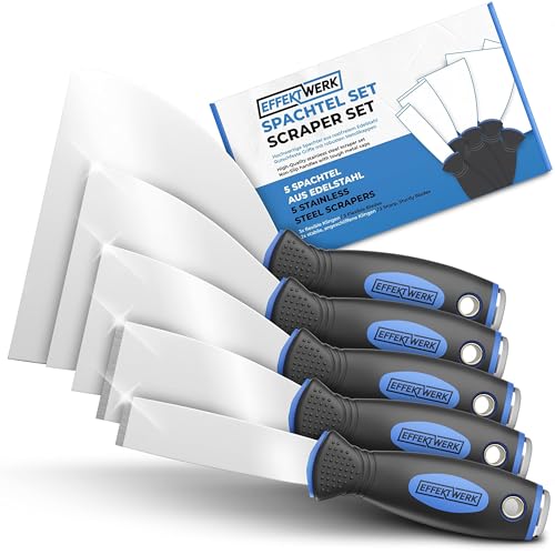 E•Werk - 5-Pc Scraper Set - Paint & Wallpaper Remover Set - Stainless Steel Spatula Knife Set for Plastering & Drywall Putty Filling - Ideal Painter Tools for Plaster Scraping & Finishing