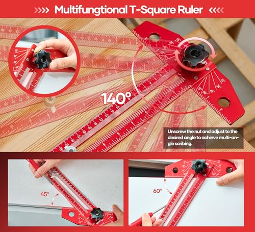 Saker Woodworking Scriber Marking Line Ruler,Aluminum Alloy T-Square - color: Red