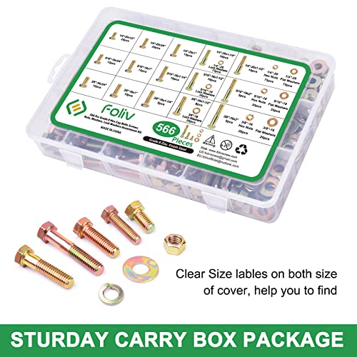 FOLIV 566Pcs Heavy Duty Bolts and Nuts Assortment Kit, Grade 8 Hex Screws Bolts Nuts Kit, 1/4-20 5/16-18 3/8-16, 15 Common Sizes Included - style: 566Pcs 1/4-20 5/16-18 3/8-16
