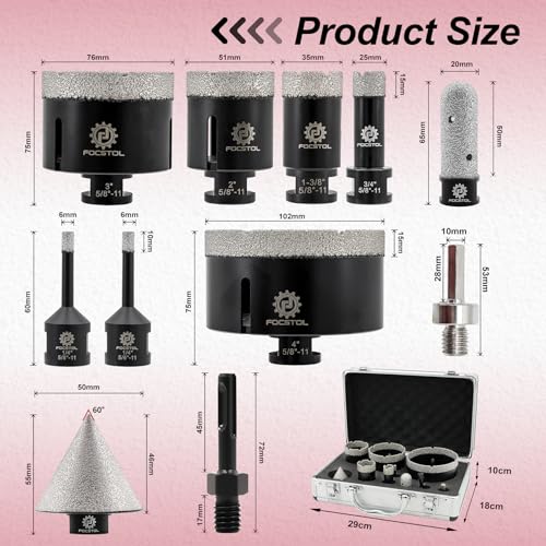 Diamond Core Drill Bit Set - FOCSTOL 11pcs (6/6/19/35/51/76/102mm+20mm Finger Milling Bit+50mm Beveling Chamfer Bit+Hex+SDS) Diamond Hole Saw Kit for Porcelain Ceramic Tile Marble Granite - size: KIT10