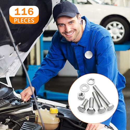 116Pcs M6 M8 M10 Screw Set Metric Bolt Assortment 304 Stainless Steel Nuts and Bolts Set Flat & Spring Washers Hex Head Cap Screws Bolts and Nuts Kit Includes 6 Common Sizes Fully Thread - size: M6 M8 M10-116Pcs