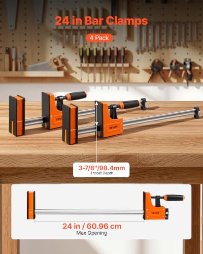 VEVOR Bar Clamps for Woodworking, 4-Pack, 24" Opening F Clamps, 1500 lbs Load Limit, Clamp/Spreader 2 Modes, Soft Rubber Pads, Ergonomic Handle, Carbon Steel Bar, for Wood Working and Metal Working - size: 24"(4 Pack), style: Heavy-Duty