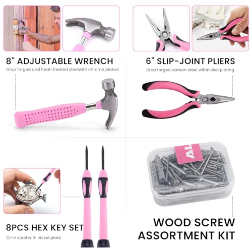 Pink Tool Set for Women, 136 PCS Household Tool Kit with 3.6V USB Electric Screwdriver, Cordless Lithium-ion Drill Driver, Home Improvement Hand Tools for DIY Projects