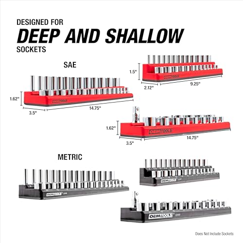 OEMTOOLS 22460 6-Pc Metric & SAE Magnetic Socket Tray Set Holds 143 Sockets | Magnetic Socket Organizer Tray, Non-Marring Rubberized Base, Clearly Marked Sizes, 1/4, 3/8, 1/2 Inch Sockets - style: 6Pc Red & Black
