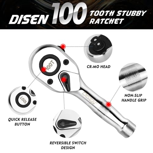 DISEN 3-Piece Stubby Ratchet Set – 1/4", 3/8", 1/2" Drive | 100-Tooth Ratchet with EVA Storage Tray | Quick Release Button | Non-Slip Grip | Reversible 3.6° Design for Tight Spaces, Chrome Finish - size: 1/4''+3/8''+1/2'' Set, style: 100T Stubby Ratchet S