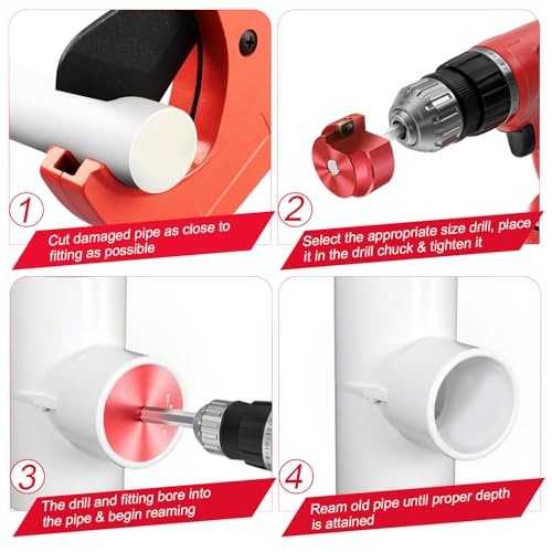 4-Piece PVC Pipe Reamer Kit for 1/2" Drills - 1-1/4",2",3",4” Inner Cutter Tool Reamer for PVC, CPVC, ABS, Conduit & Industrial Pipe, SCH40 Repairs, Pipes Fitting Saver - size: JD-4PCS