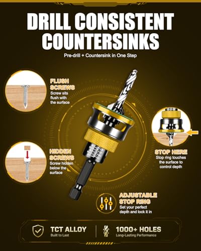 9PCS Countersink Drill Bit Set with Adjustable Depth Stopper - color: Golden, size: Standard - Manual Adjustment