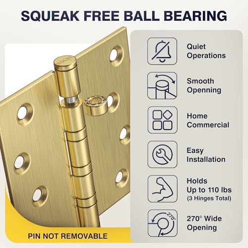 KOLET Ball Bearing Door Hinges, 4 x 4 Inches, Brushed Gold, 3 Pack - color: Gold, size: 3 Pack