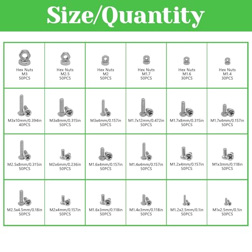 1150Pcs 304 Stainless Steel Metric Micro Screws Nuts Assortment, M1 M1.2 M1.4 M1.6 M1.7 M2 M2.5 M3 Sizes, Phillips Pan Head, Fully Threaded Kit for Arduino, RC Models, Electronics, DIY Projects - size: M1/1.2/1.4/1.6/1.7/2/2.5/3-1150Pcs