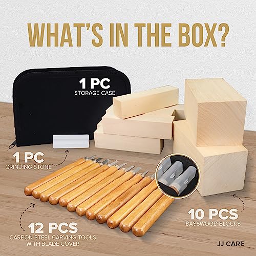 JJ CARE Wood Carving Kit, 24pcs Wood Whittling Kit with 12 SK2 Steel Carving Knives, 10 Basswood Blocks, 1 Grinding Stone & Storage Case, Gift Set for Beginners & Adults - size: Set A
