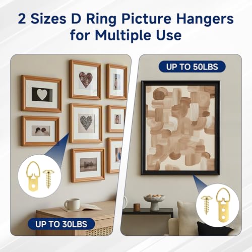 D-Ring Picture Hangers Kit, 40 Single Hole & 20 Double Hole Hangers with 80 Screws, 50 lb Load Heavy Duty Picture Hanging Hardware for Picture Frame Mirrors Canvas (Gold) - size: Gold
