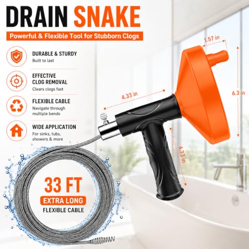 33 FT Drain Snake Auger, Plumbing Snake Drain Hair Clog Removal Tool, Sink Unclogger Drain, Heavy Duty Drum Auger, Cleaner Tool for Bathroom Kitchen Tub Shower Drain Clog Remover with Gloves