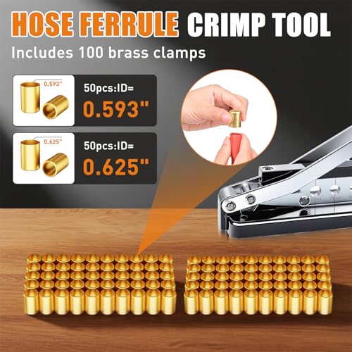 Heavy Duty Bench Hose Crimper Kit with 100 Ferrules (50x 0.593" ID& 50x 0.625" ID) - for 1/4", 5/16", 3/8" PVC, Rubber & Air Hoses Crimping Tool, Portable Torch Hose Repair Kit