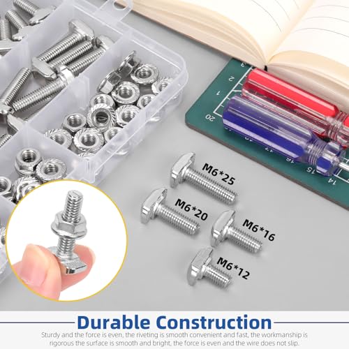 Glarks 80pcs M6 T Slot Drop-in Bolt with Hexagon Flange Nut Set, 12/16/20/25MM Hammer Head T-Bolt, T Shape Stud Sliding Screw, T Screw Stud for European Standard 30 Series Aluminum Profile - size: M6