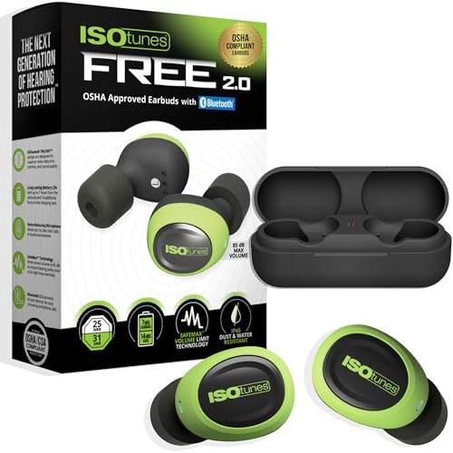 ISOtunes Free 2.0 Bluetooth Hearing Protection, OSHA Compliant Work Earbuds - color: Safety Green