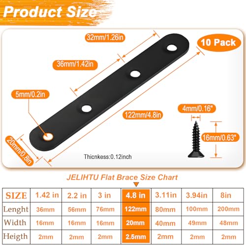 4.8" Black Flat Bracket Mending Plate Straight Brace,10 Pack - color: Black, size: 10 Pcs / 4.8 x 0.8 in