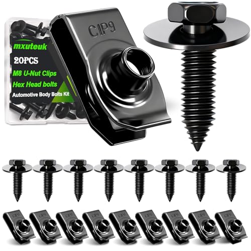 mxuteuk M8-1.25 U-Nut Clips & Hex Head Automotive Body Fender Bolts Kit,for Most Cars Fender,Engine Undertray Cover, Engine Cover & Bumper Fender Liner - color: Black-M8-1.25