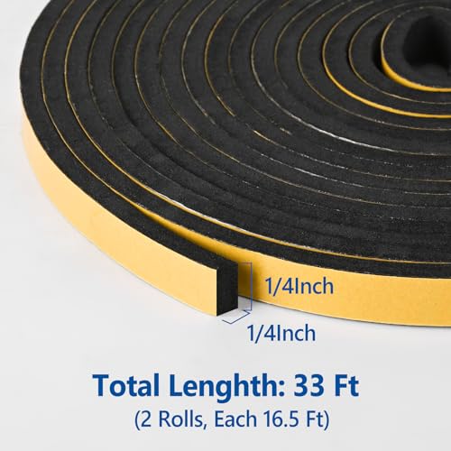 Self Adhesive Foam Tape Weatherstrip 1/4in x 1/4in x 33Ft High Density Foam Insulation Strips Foam Seal Weather Stripping with Strong Adhesive for Door and Window Sound Isolation Soundproofing - size: 1/4in x 1/4in x 33Ft