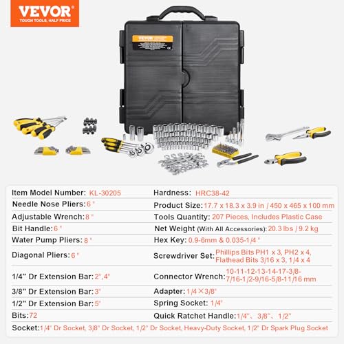 VEVOR Mechanics Tool Set 207 Pieces 1/4" 3/8" 1/2" Drive Sockets -SAE and Metric Mechanic Tool Kit with Bits - Wrenches, Ratchet Handle, Accessories, and Plastic Storage Case - for Automotive Repair - size: 207-PCS