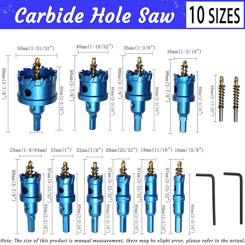 TCT Carbide Hole Saw Kit for Hard Metal 5/8"~2" Carbide Hole Saw with Titanium-Plated Pilot Drill Bit for Metal Such as Iron Stainless Steel Aluminum Alloy Plastic Copper Plasterboard 12PCS
