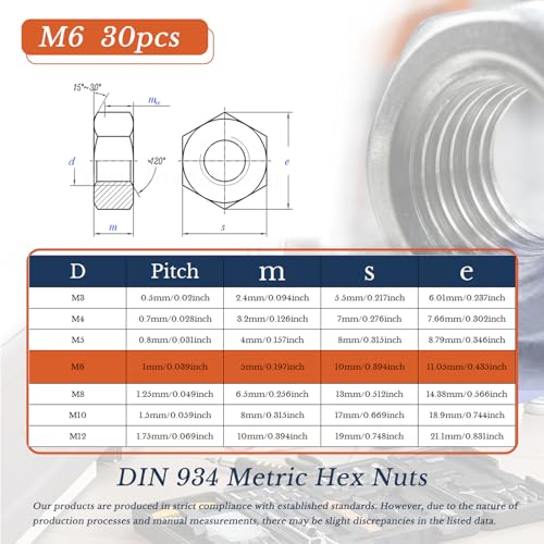 M6 x 1.0mm Hex Nuts (30pcs) 304 Stainless Steel Hex Hardware Nuts Reusable Standard Metric Coarse Thread Nuts for DIY Home Automotive Industrial - size: M6-30PCS