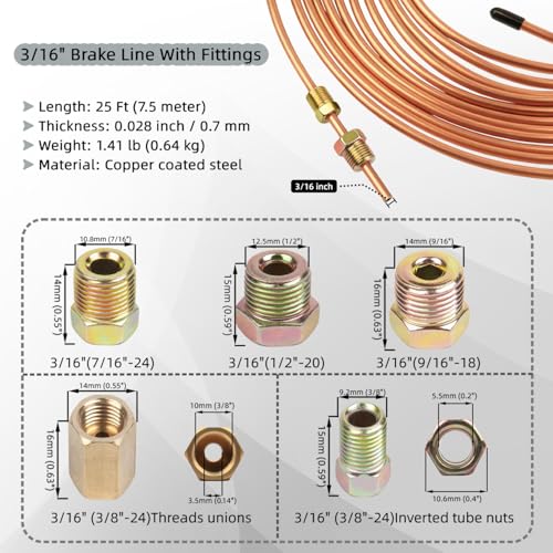 Wostore 25FT 3/16" Copper Coated Brake Line Kit & Flaring Tool, 24 Fittings - size: Double flare kit with 3/16" Brake Line