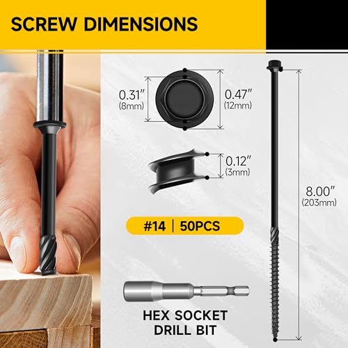 50 Pcs 8 Inch Wood Screws, #14 x 8 Heavy Duty Outdoor Wood Screws Assortment Kit Deck Screws, Black Timber Screws Lag Bolts, Hex Socket Included Hex Head Log Landscaping Black Long Screws By Mywish - size: #14 x 8"