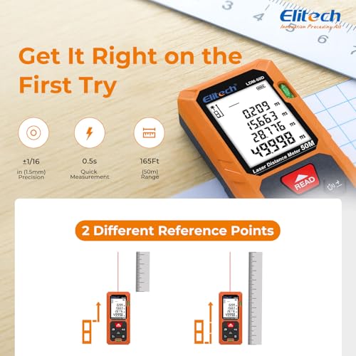 Elitech Laser Measuring Tool, 165ft Laser Tape Measure with Bubble Level - style: Dual Bubble