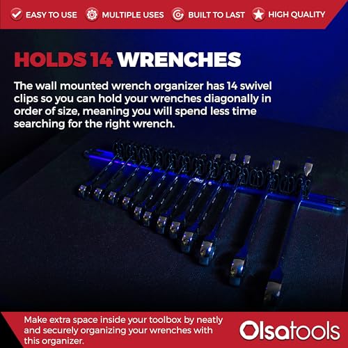 Olsa Tools Wall Mount Wrench Organizer - Rotating Clip Rack for 14 Wrenches - Blue Anodized Aluminum with Black Clips - Space Saving Tool Holder - Professional Grade Storage Solution - Part: 1029 - style: Blue Aluminum + Black Clips