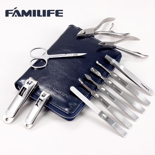 FAMILIFE Stainless Steel Manicure Set 11-in-1 Professional Nail Clipper Kit | Portable Leather Travel Case, Pedicure & Grooming Tools for Fingernails & Toenails, Luxury Gift for Men & Women, Navy Blue - color: Navy Blue
