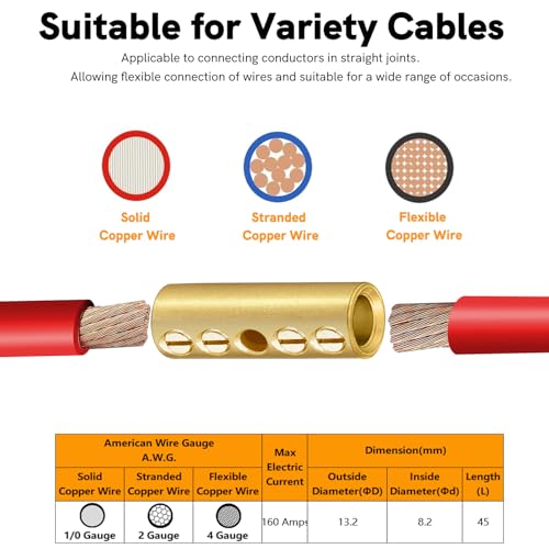 2 Gauge Wire Butt Connectors 6 PCS Brass Mechanical Butt Splice Connectors Kit 2 AWG Mechanical Repair Splice Kit Splice Screw Sleeves 6 PCS Mechanical Splices & 3:1 Heat Shrink Tubes - color: Bare Brass