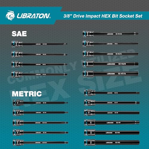 LIBRATON 3/8" Drive Long Impact Hex Bit Socket Set, Allen Bit Sockets | S2 Steel Hex Head Sockets, 20PCS Allen Wrench Socket, SAE&Metric Allen Bit Socket Set, 6" Long Allen Key Socket