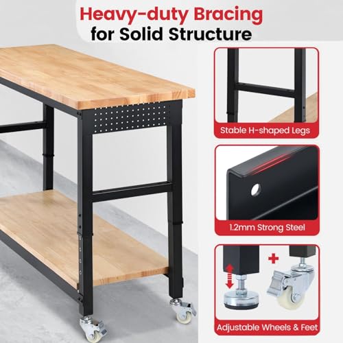ENJOYWOOD 60" Heavy Duty Garage Workbench with Wheels, Adjustable Height