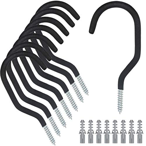 KURUI Large Heavy Duty Screw Hooks for Hanging Plants, Outdoor String Lights, Bike, 8 Pack Ceiling Hooks for Garage Organization and Storage, Black No Drill Wall Hangers - size: 5.7 Inch