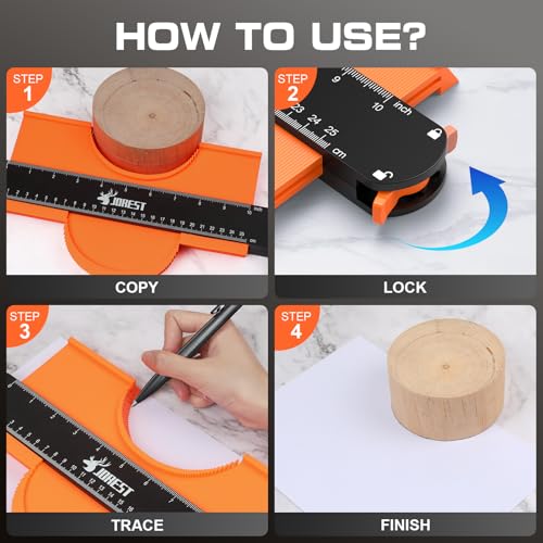 JOREST Contour Gauge with Lock (10 Inch), Gift Ideas for Men Dad Carpenter Handyman, Profile Tool with Measuring Scale for Tile Flooring, Carpet laying, Woodworking, Measuring Angle/Shape/Outline/Edge - size: 10 Inch