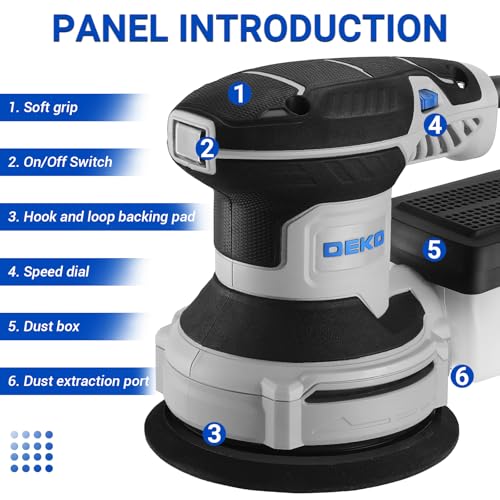 Orbital Sander Corded Hand Sander: DEKOPRO 5" Random Orbital Sander with Dust Box, 6 Various Speeds Electric Palm Sander with Dust Box, 16Pcs Sandpapers for Woodworking & Sanding (Renewed)