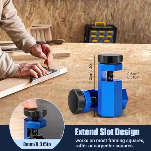 2Pack Tall Stair Gauges for Framing Square with Holder and Carabiner Stair guages Knobs Tool for Circular Saw Metal Stair Stringer Layout Tool for Carpentry Squares Stair and Rafter Gauge Clamps - style: 2 Packs Blue