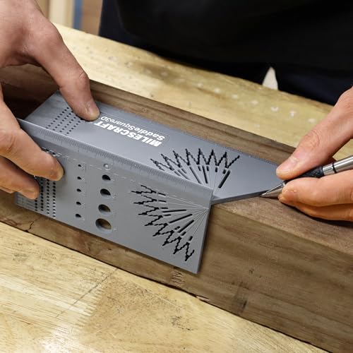 Milescraft 8414 Saddle Square 3D – Carpentry Square Woodworking Layout Tool for Joinery. 45/90 Degree Saddle Marks Two Sides. 1/32” Spaced Scribing Guides with 2 Horizontal and Vertical Rulers.