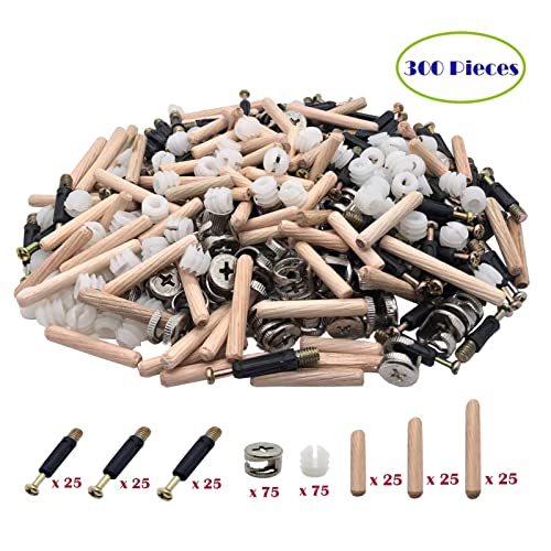 300Pcs 3-in-1 Furniture Connecting Hardware Cam Lock Fasteners Kit,Cam Fitting & Wood Dowel Pins & Pre-Inserted Nut Cam Locks for Furniture Crib Cabinet Drawer Wardrobe Splicing