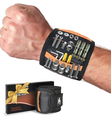 HiRui Magnetic Wristband for Tools – Ultra-Strong 15 Neodymium Magnets Hold Screws, Nails & Bits, Dual Pockets – Hands‑Free for DIY, Home Repairs, Auto – Gift‑Ready for Dad, Husband, Grandpa (Black) - color: Black