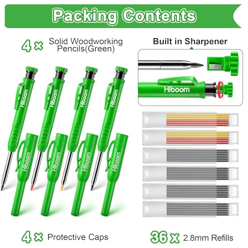 Hiboom 4 Pack Carpenter Pencil with 36 Refills Built In Sharpener (Green) - color: Green